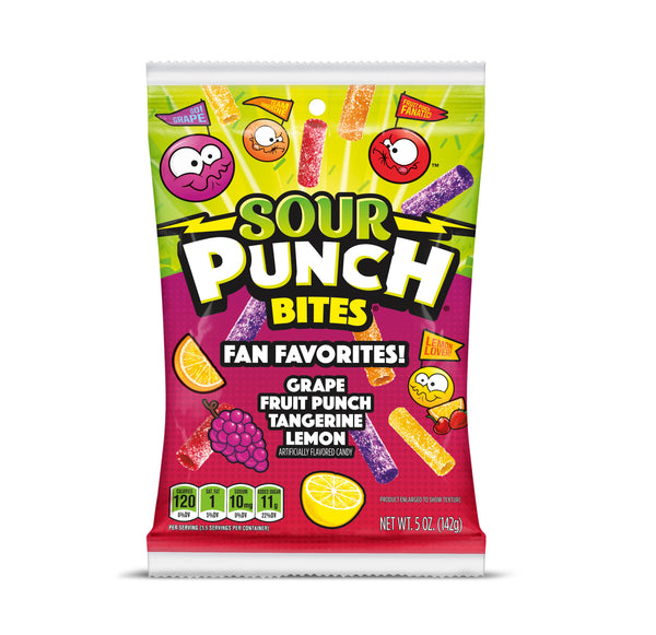 Sour Punch Bites Fan Favorites Flavors Grape Fruit Punch Tangerine Lemon Casehb 5 Ounce Size - 12 Per Case.