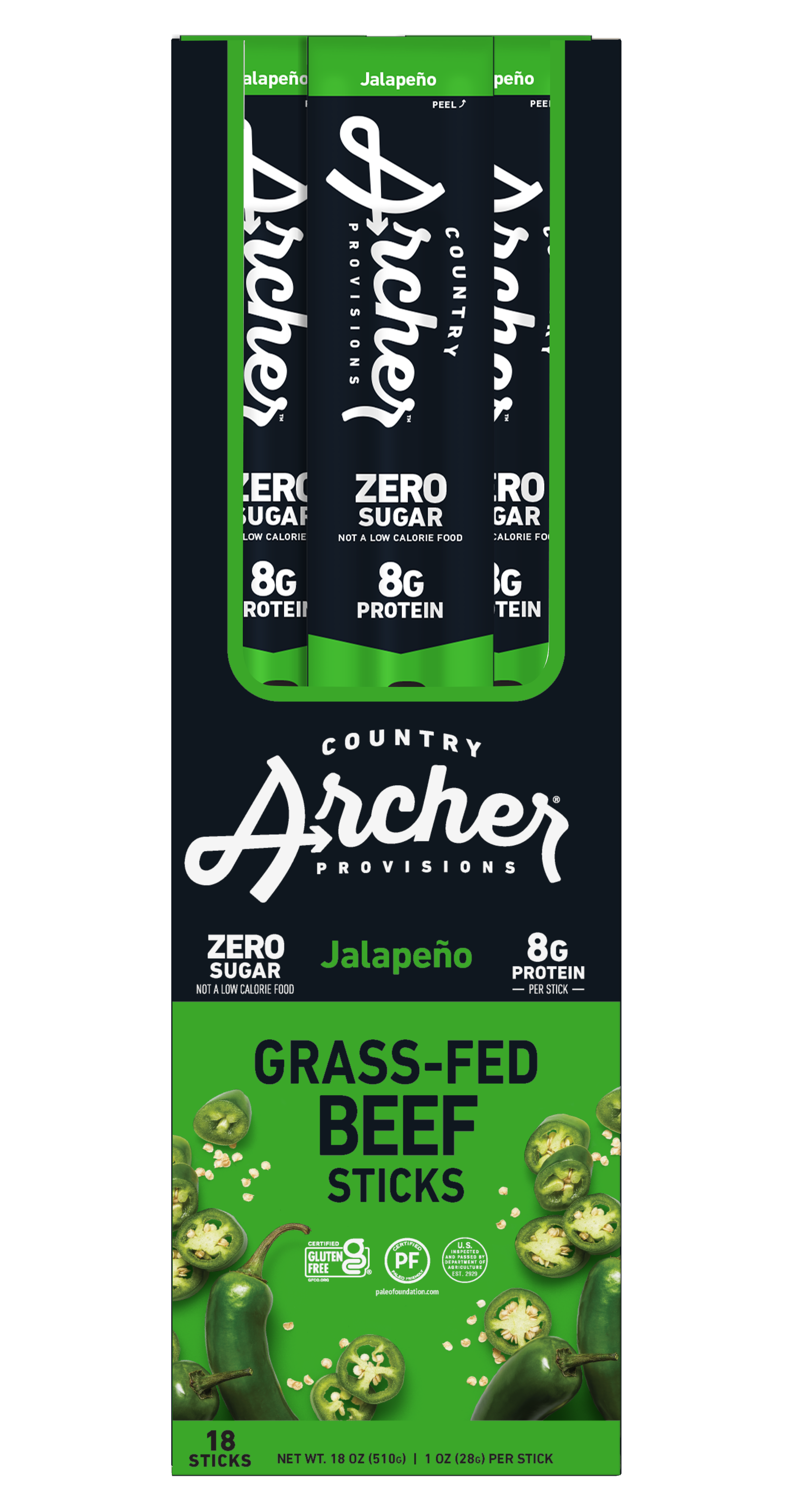 Country Archer Jerky Co Jalapeno Beef Sticks 1 Ounce Size - 108 Per Case.