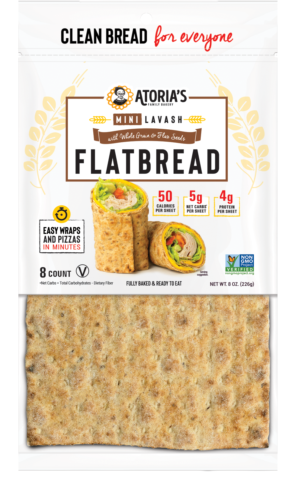 Atoria's Family Mini Whole Grain & Flax Lavash 8 Ounce Size - 8 Per Case.