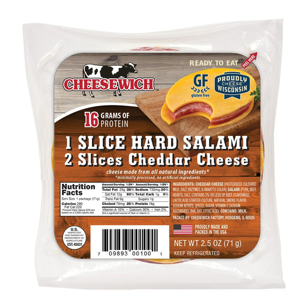 Slices Of Cheddar Cheese With Slice Of Hard Salami In The Middle 2.5 Ounce Size - 64 Per Case.