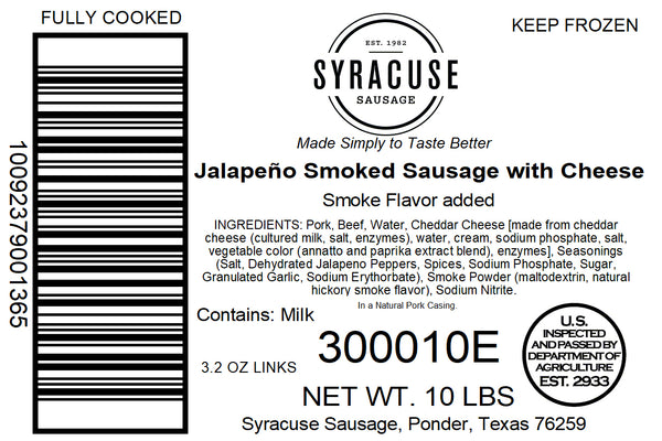 Jalapeno & Cheese Smoked Sausage Link 10 Pound Each - 1 Per Case.