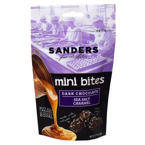 Sanders Dark Chocolate Sea Salt Caramel Minibites 3.75 Ounce Size - 12 Per Case.