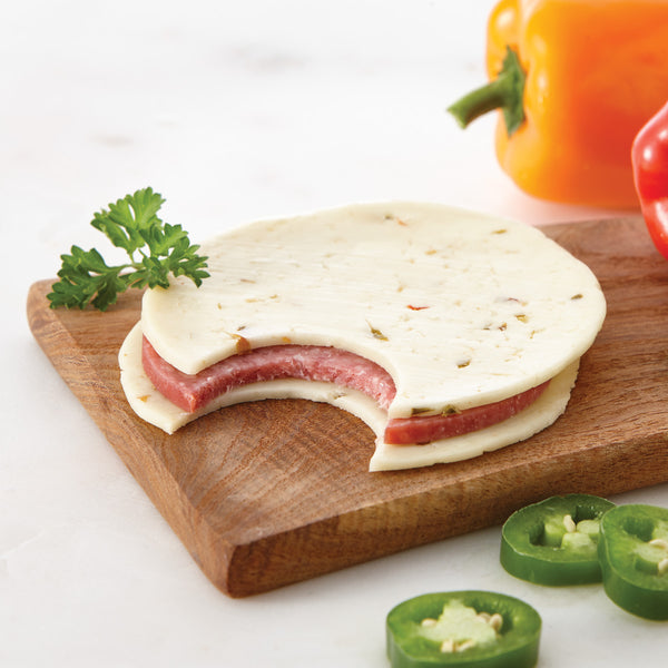 Slices Of Pepperjack Cheese With Slice Ofhard Salami In The Middle 2.5 Ounce Size - 96 Per Case.