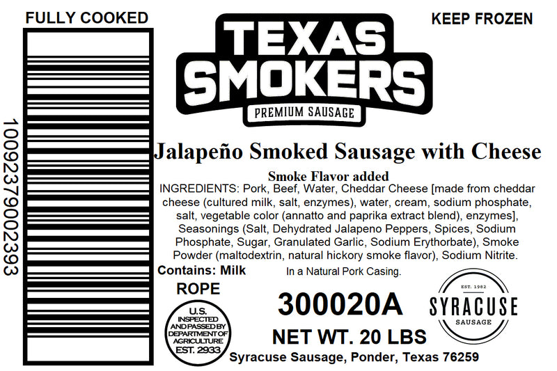 Jalapeno & Cheese Smoked Sausage Rope 20 Pound Each - 1 Per Case.