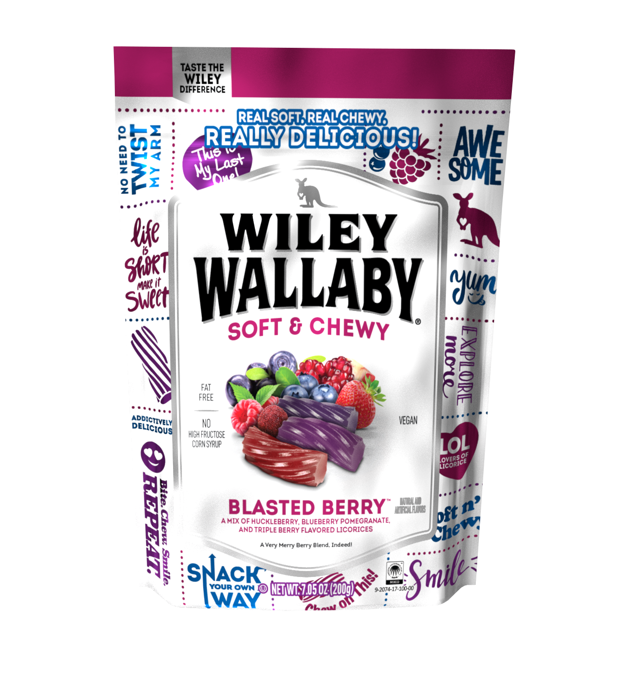 Wiley Wallaby Blasted Berry Licorice 7.05 Ounce Size - 12 Per Case.