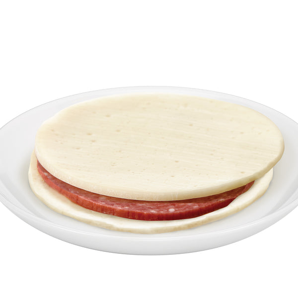 Slices Of Provolone Cheese With Slice Ofhard Salami In The Middle 2.5 Ounce Size - 64 Per Case.