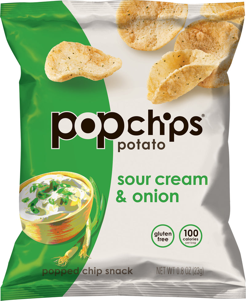 Popchips Sour Cream & Onion Potato Chip Snack 0.8 Ounce Size - 24 Per Case.