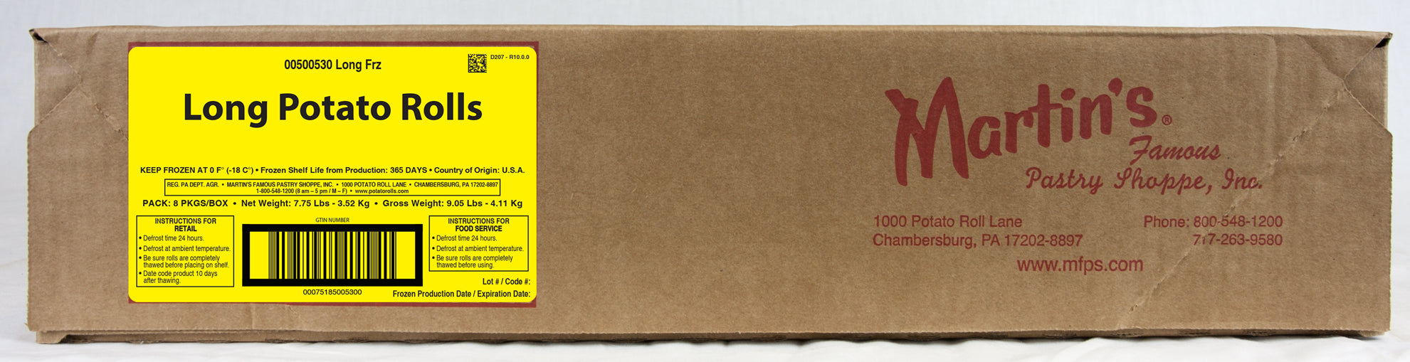 Martins Long Potato Roll 8 Each - 8 Per Case.