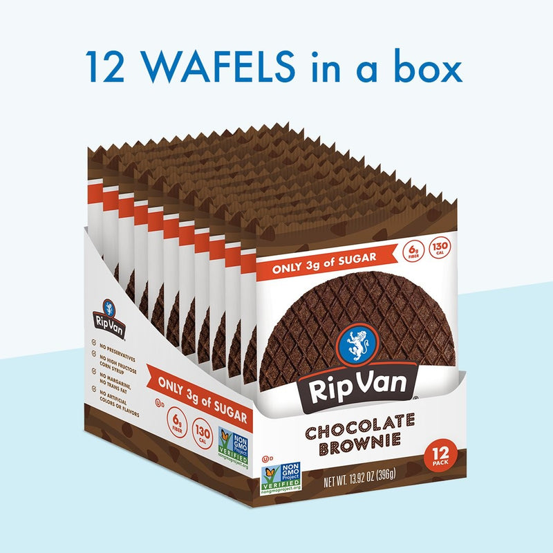 Rip Van Wafels Low Sugar Chocolate Brownie Singles 1.16 Ounce Size - 48 Per Case.