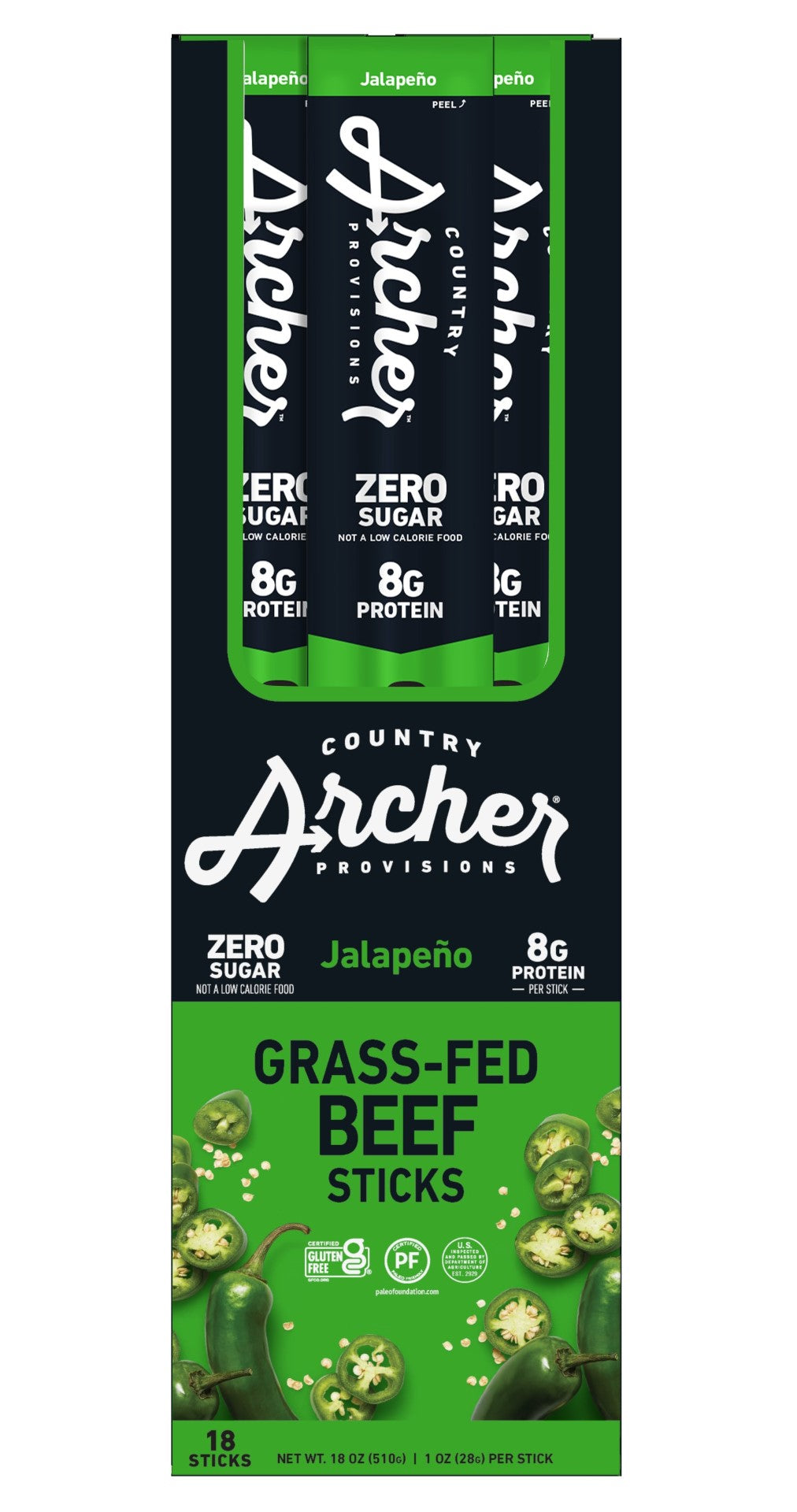 Country Archer Jerky Co Jalapeno Beef Sticks 1 Ounce Size - 108 Per Case.