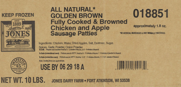 Jones Dairy Farm Chicken Sausage Patty Appletarragon 1.8 Ounce Size - 1 Per Case.