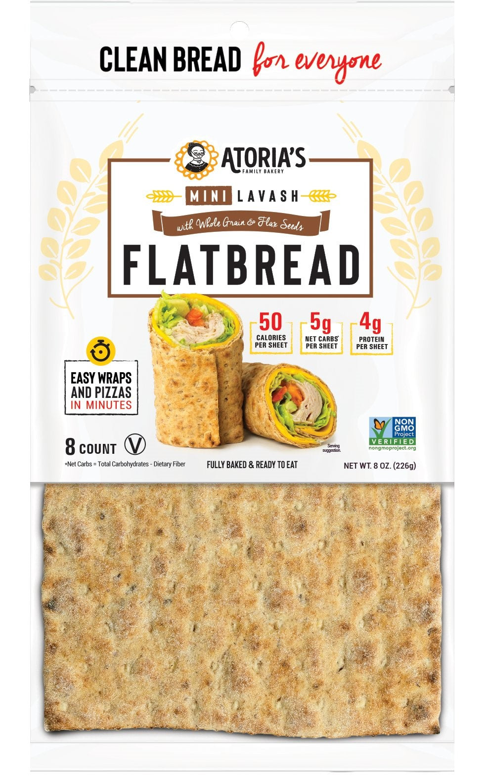 Atoria's Family Mini Whole Grain & Flax Lavash 8 Ounce Size - 8 Per Case.