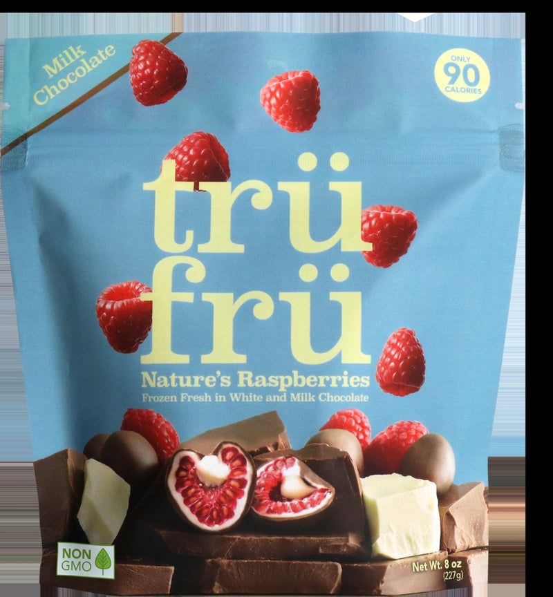 Tru Fru Hyper Chilled Grab & Share Hyper Chilled Whole Raspberries In White & Milk Chocol 8 Ounce Size - 6 Per Case.