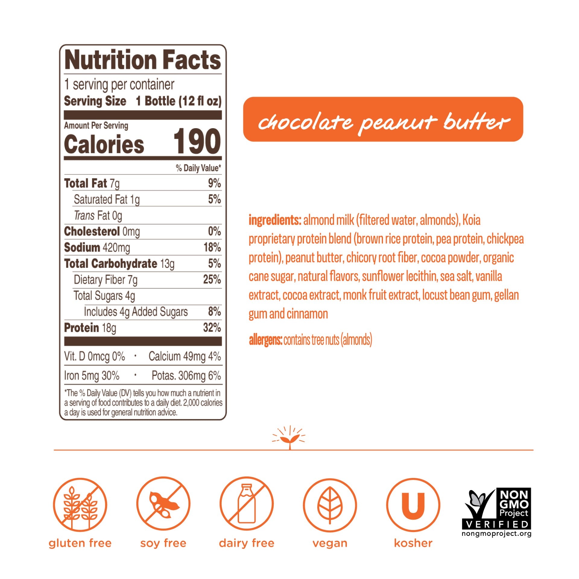 Koia Chocolate Peanut Butter Protein Drink 1 Each - 6 Per Case.