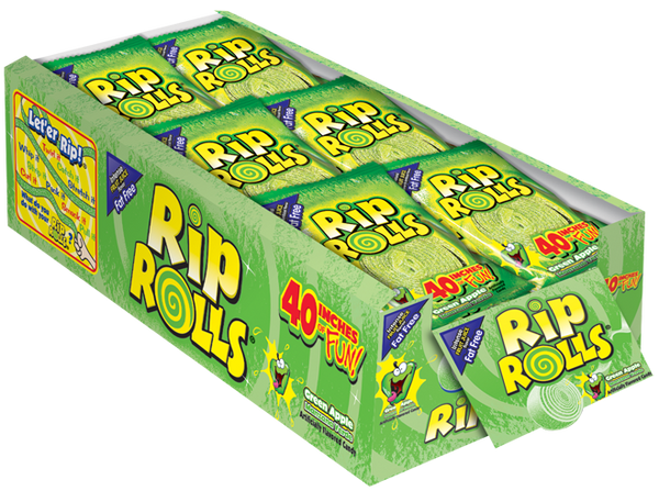 Rip Rolls Green Apple Goods Display Carton 1.4 Ounce Size - 288 Per Case.