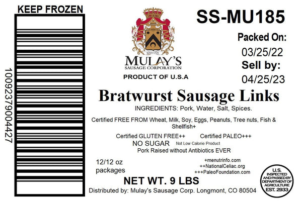 Mulay Bratwurst Sausage Link (Links Packages) 12 Ounce Size - 12 Per Case.