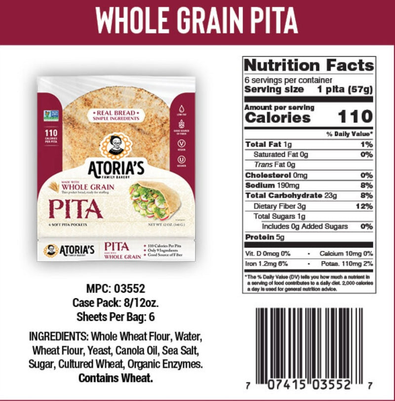Atoria's Family Whole Grain Pita Retail 12 Ounce Size - 8 Per Case.
