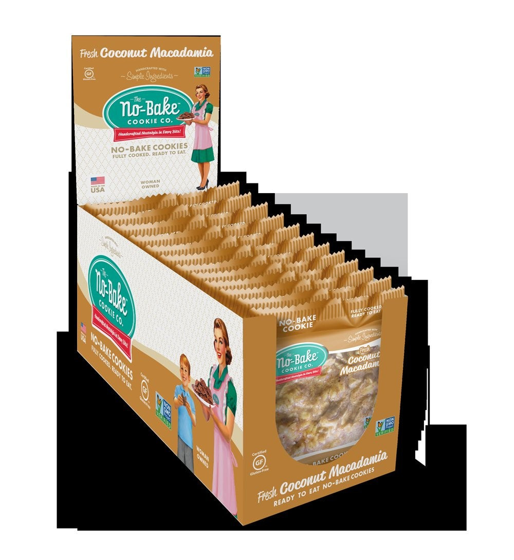 The No Bake Cookie Co Fresh Coconut Macadamia Large Individually Wrapped 4.3 Ounce Size - 72 Per Case.