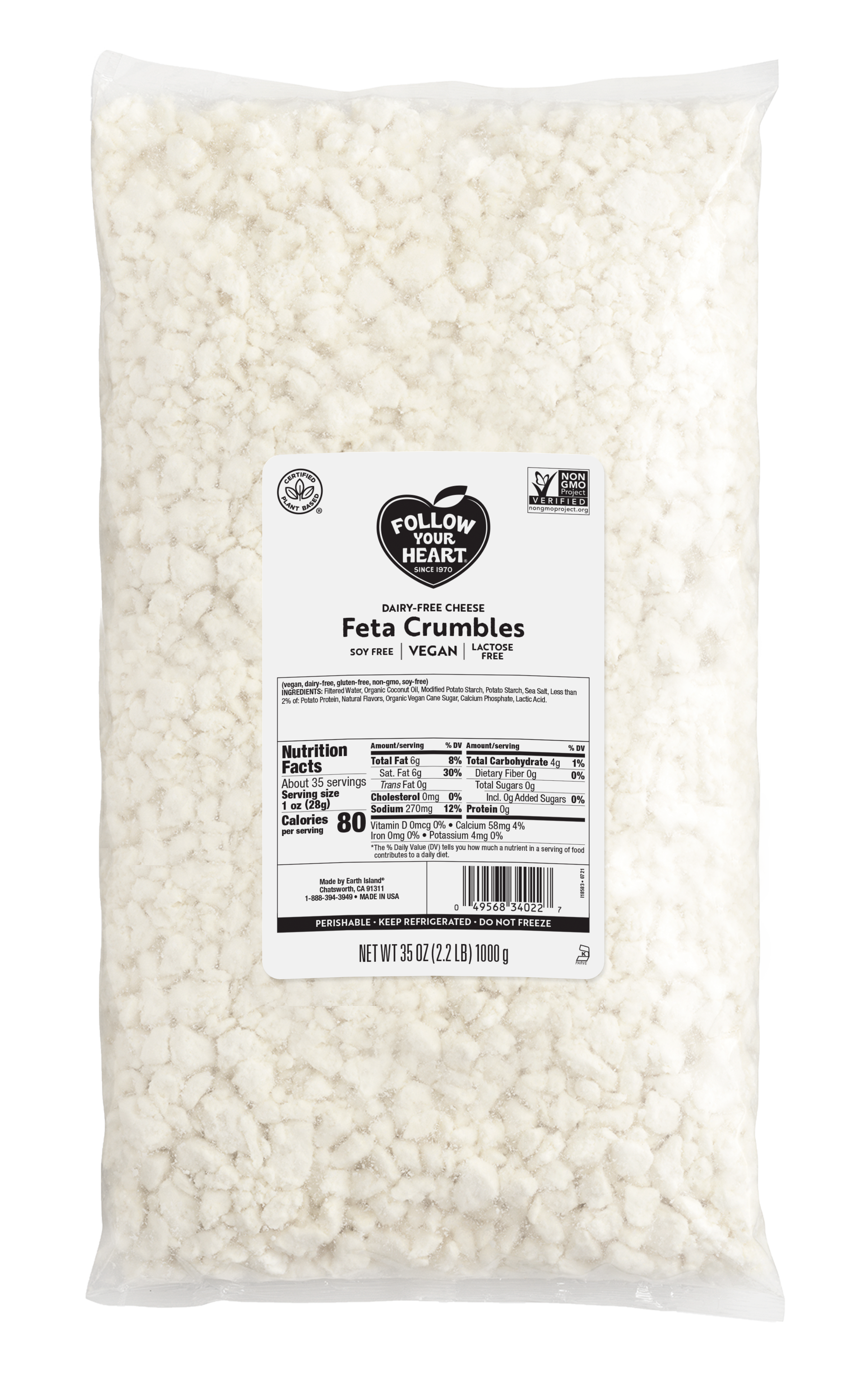 Dairy Free Feta Crumbles Cheese Alternative 2.2 Pound Each - 6 Per Case.