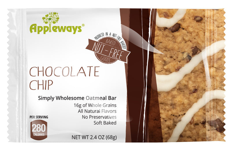 Appleways Whole Grain Soft Oatmeal Chocolate Chip Bars Individually Wrapped 1 Count Packs - 160 Per Case.