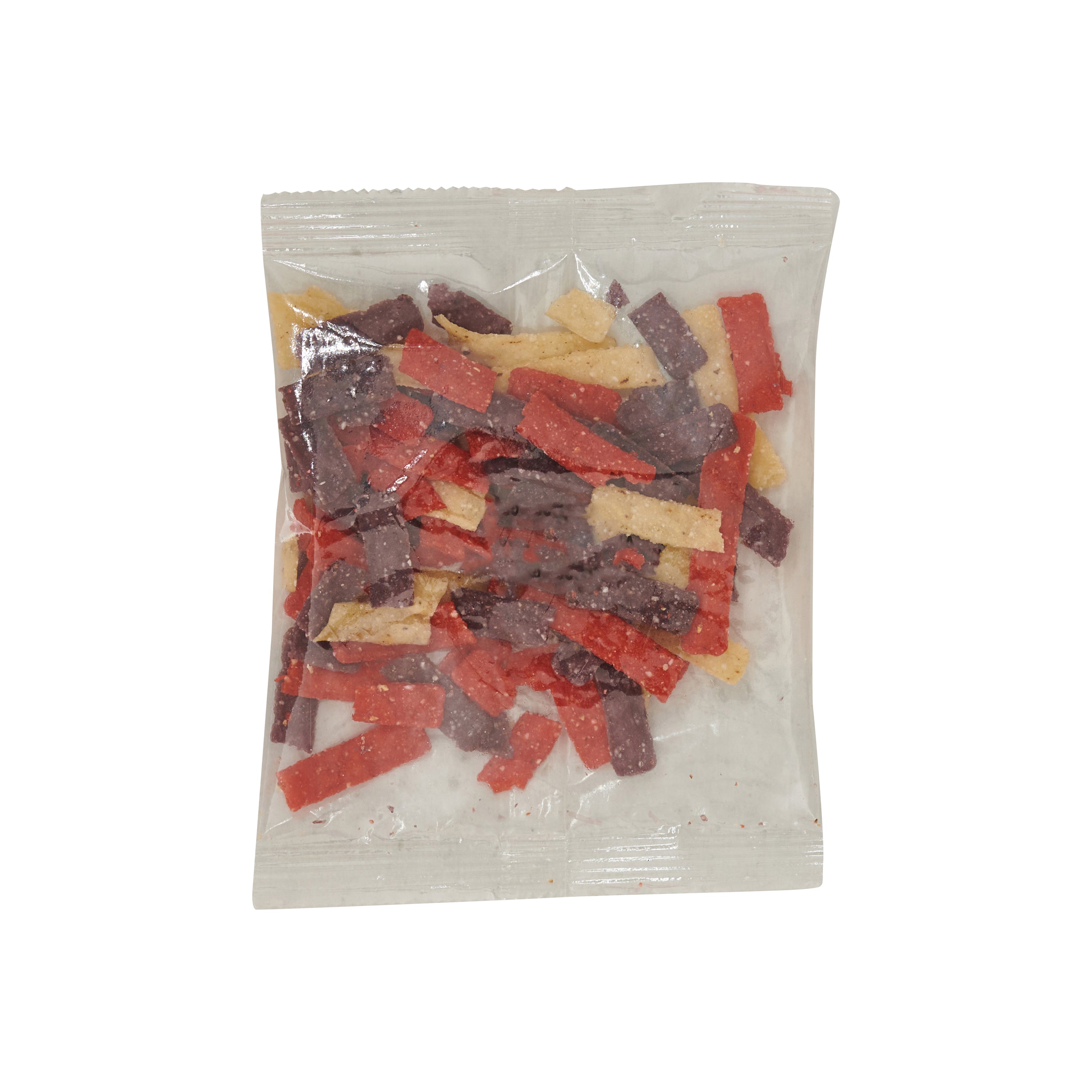 Fresh Gourmet Tortilla Strips Tri-Color 0.5 Ounce Size - 100 Per Case.