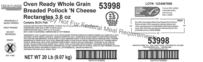 Oven Ready Whole Grain Breaded Pollock 'n Cheese Rectangles Msc 20 Pound Each - 1 Per Case.