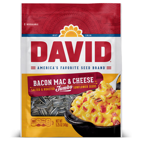 David Roasted And Salted Bacon Mac & Cheese Jumbo Sunflower Seeds Keto Friendly 5.25 Ounce Size - 12 Per Case.