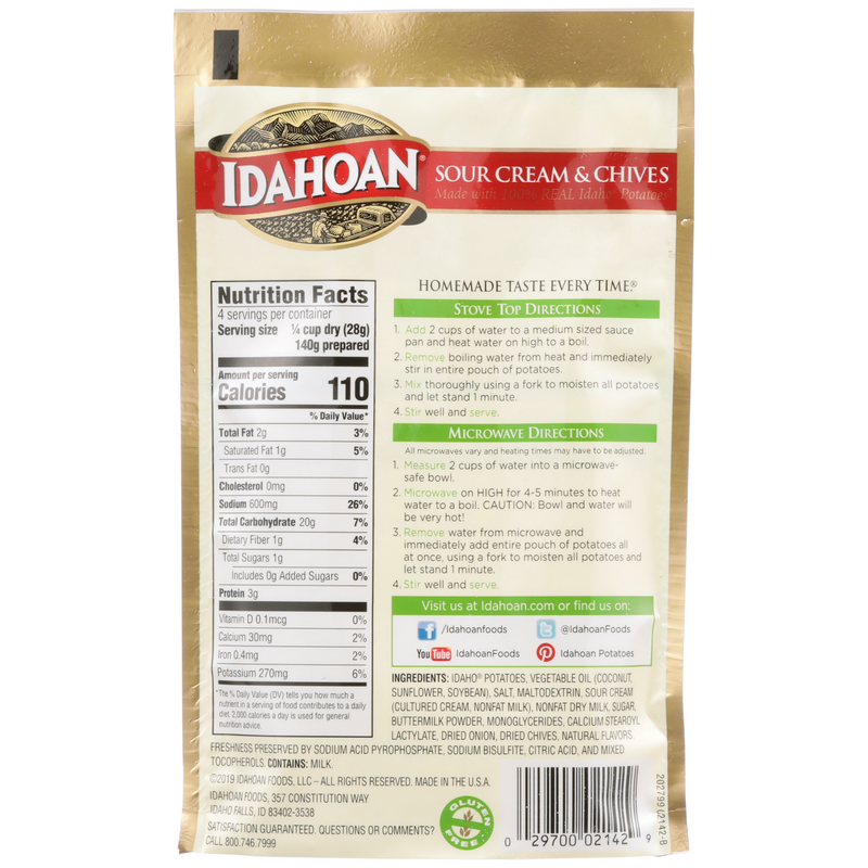 Idahoan Sour Cream & Chives Mashed Potatoes Pouch 4 Ounce Size - 12 Per Case.