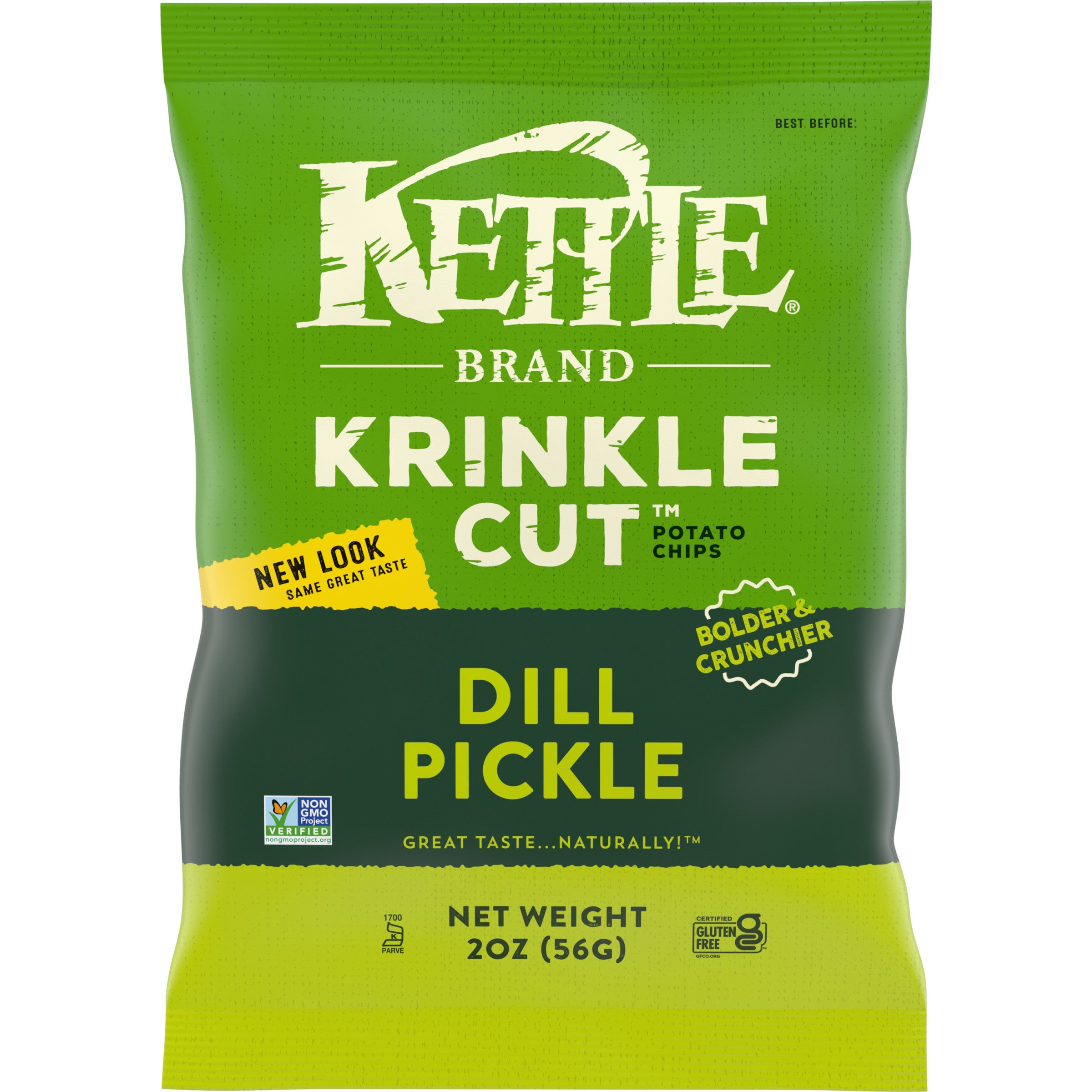 Kettle Brand Potato Chips Krinkle Cut Dill Pickle Kettle Chips 2 Ounce Size - 24 Per Case.