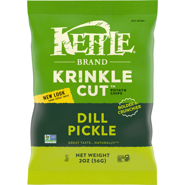 Kettle Brand Potato Chips Krinkle Cut Dill Pickle Kettle Chips 2 Ounce Size - 24 Per Case.