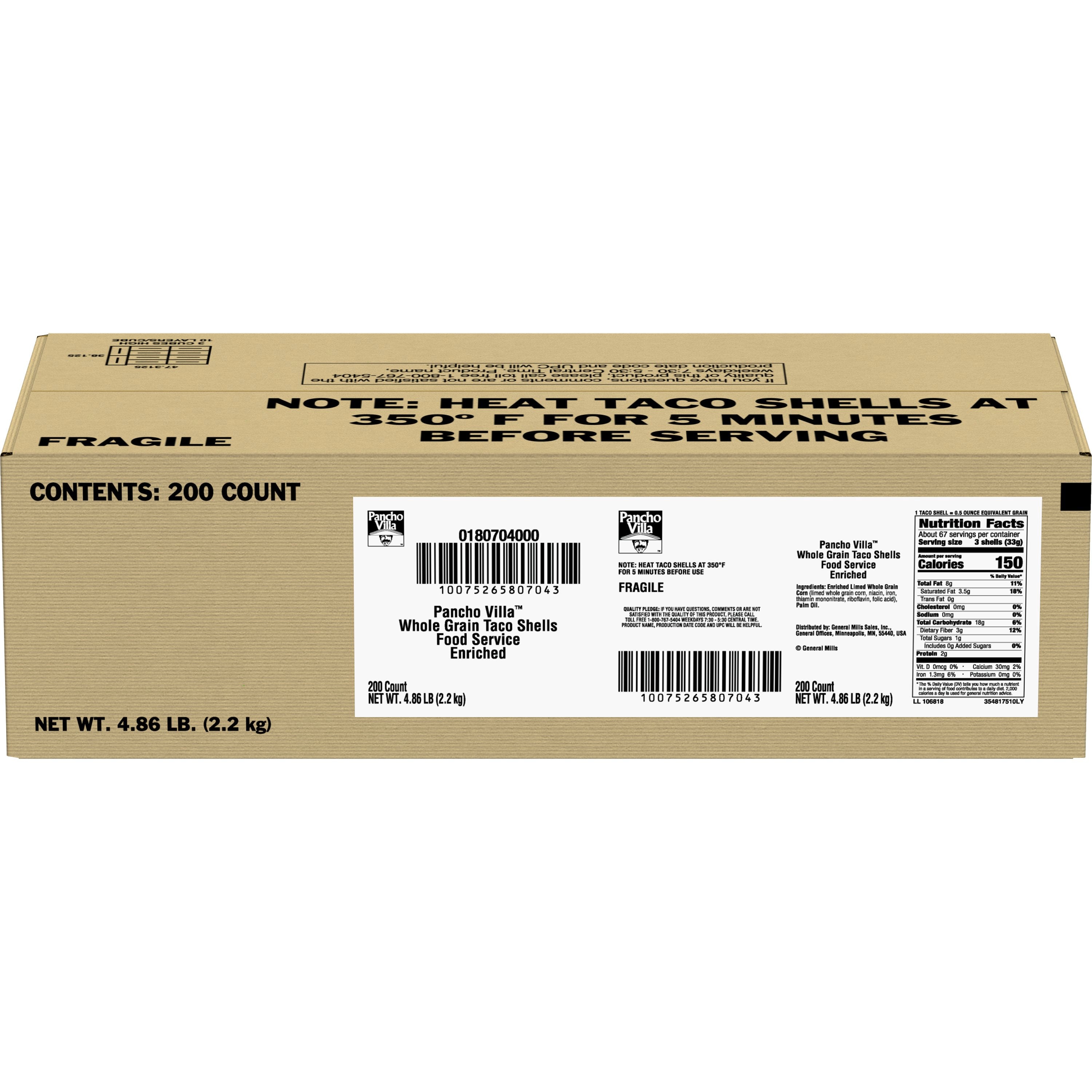 Pancho Villa™ Taco Shells Bulk Whole Grain 4.86 Pound Each - 1 Per Case.