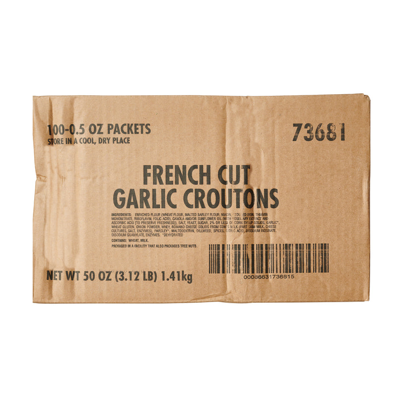 Fresh Gourmet Single Serve French Garlic Croutons 0.5 Ounce Size - 100 Per Case.