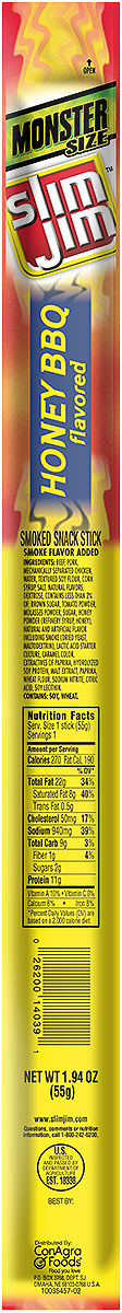 Slim Jim Monster Smoked Meat Stick Honey BBQflavor Count 1.94 Ounce Size - 108 Per Case.