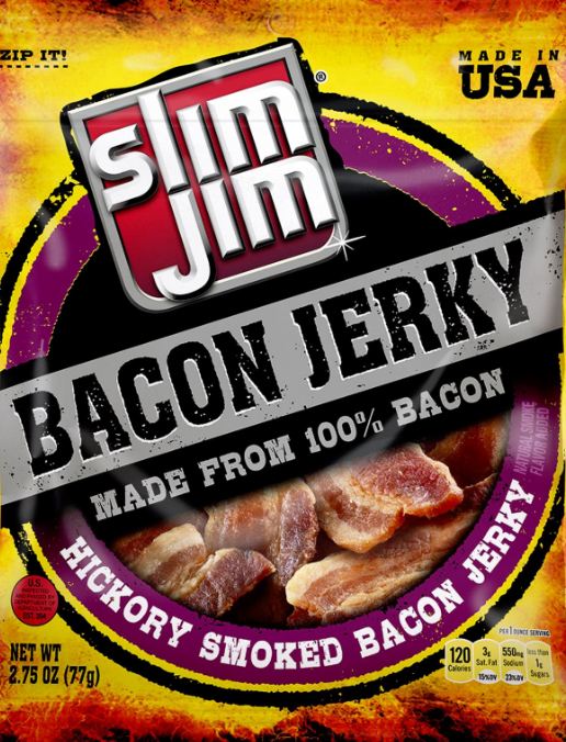 Slim Jim Bacon Jerky Hickory Smoked Flavor Bag 2.75 Ounce Size - 8 Per Case.