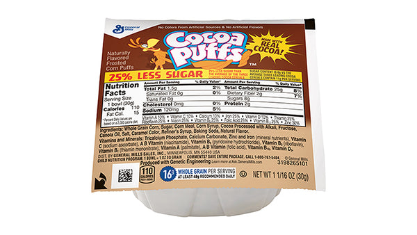 Cocoa Puffs™ Cereal Less Sugar Single Serve Bowlpak 1.06 Ounce Size - 96 Per Case.