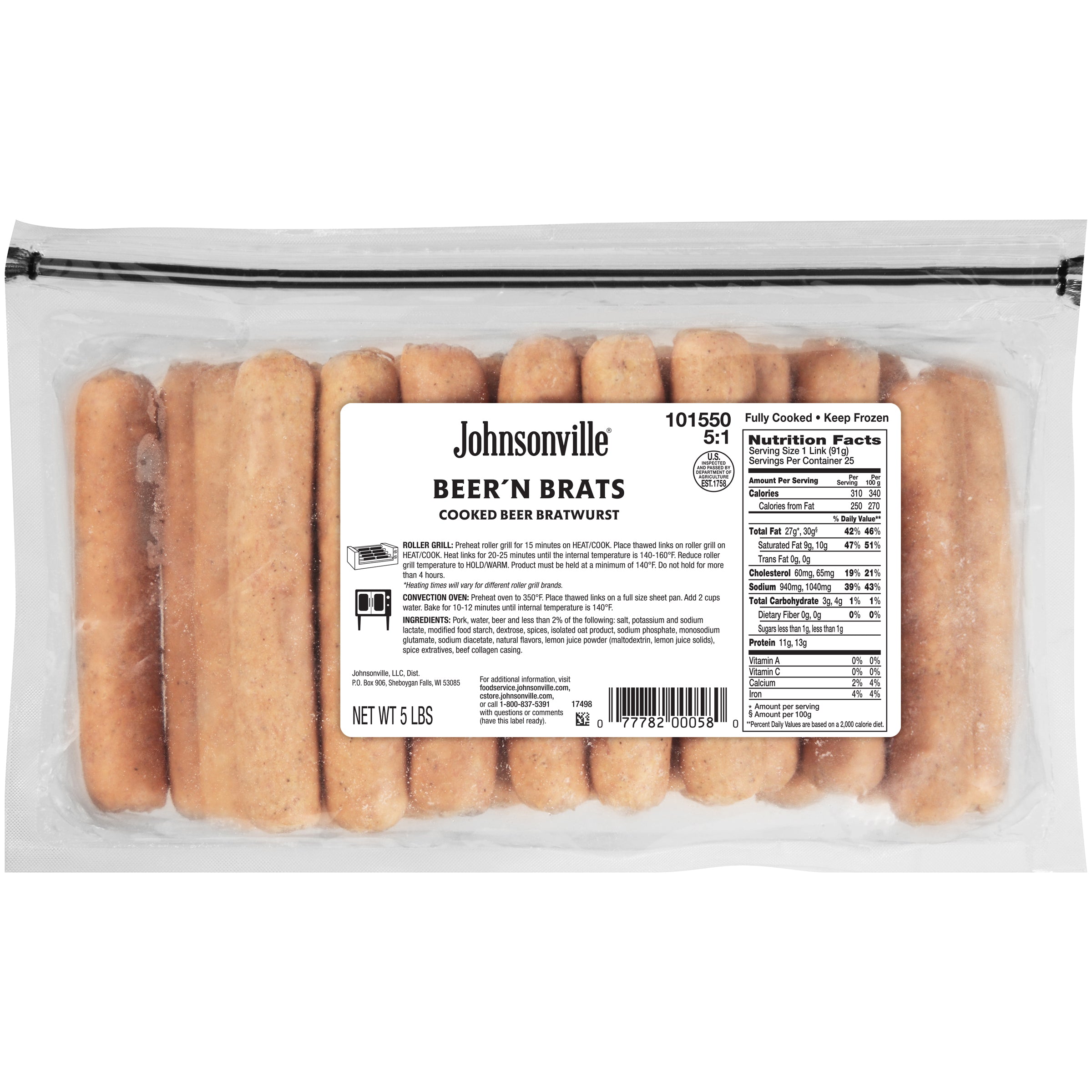 Johnsonville Cooked Beer 'n Bratwurst Pork Sausage Links Foodservice 5 Pound Each - 2 Per Case.