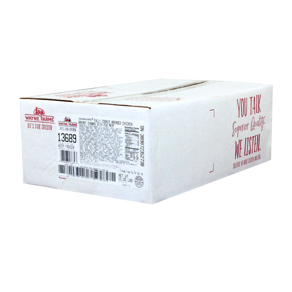 Wayne Farms Fully Cooked Colossal Bites Breaded Chicken Breast Chunks 1 Ounce, 5 Pound Each - 2 Per Case.