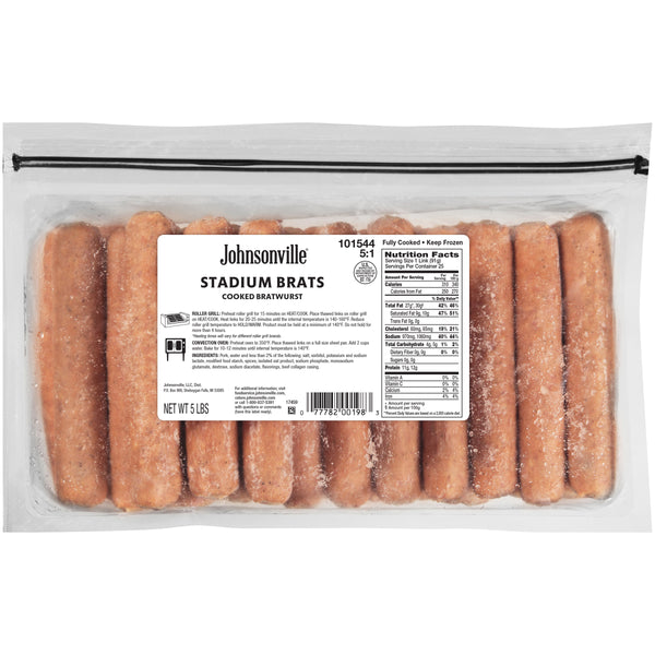Johnsonville Cooked Stadium Style Pork Sausage Bratwurst Links Food Ser 5 Pound Each - 2 Per Case.