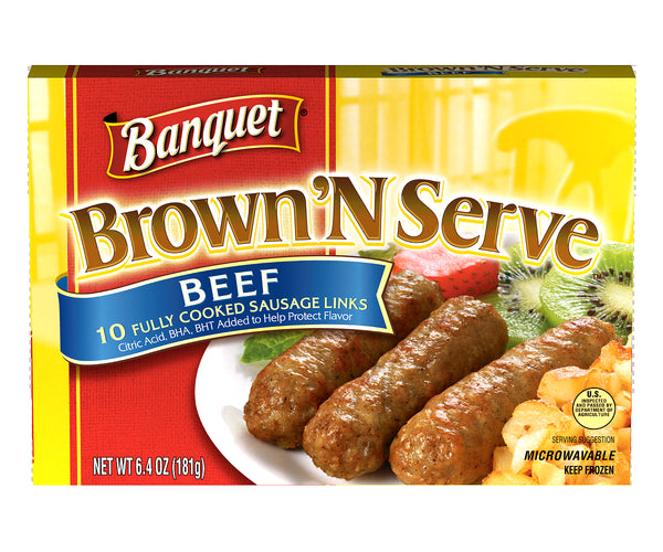Banquet Brown N Serve Beef Sausage Links 6.4 Ounce Size - 12 Per Case.