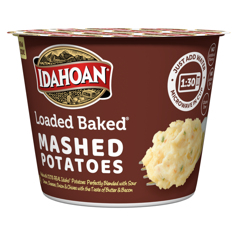 Idahoan Foods Loaded Baked Mashed Cup 1.5 Ounce Size - 10 Per Case.