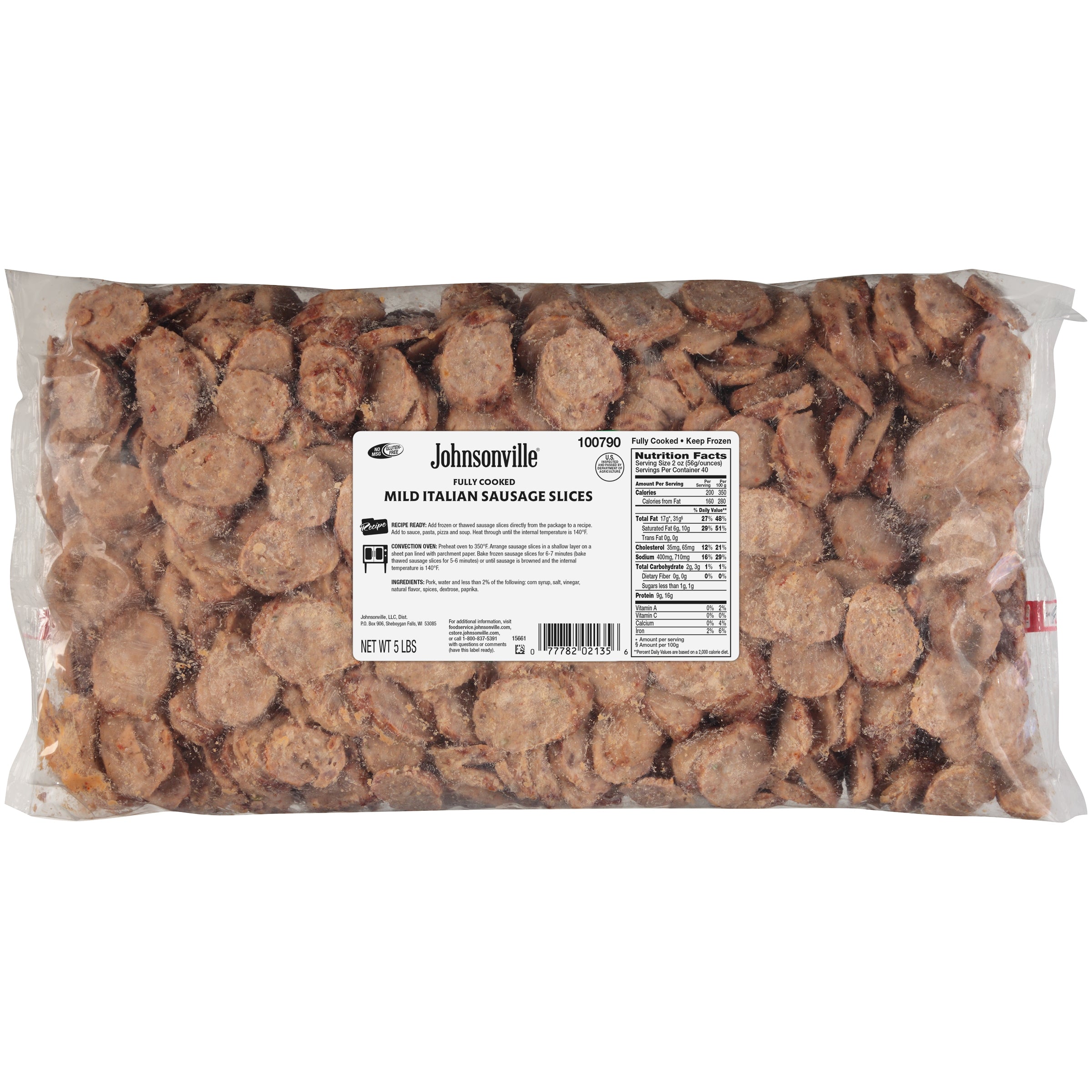 Johnsonville Cooked Skinless Italian Pork Sausage 4" Bias Slices Food 5 Pound Each - 2 Per Case.