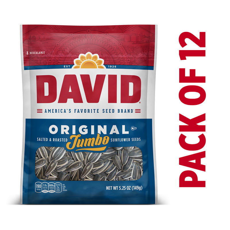 David Roasted And Salted Original Jumbo Sunflower Seeds Pack 5.25 Ounce Size - 12 Per Case.