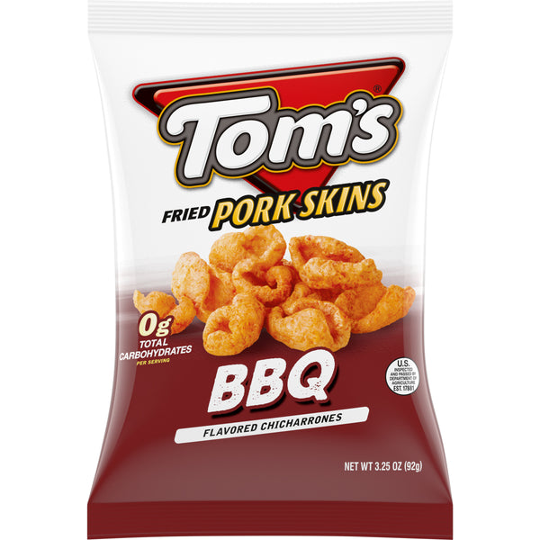 Tom's Pork Skins BBQ Flavored Chicharrones 3.25 Ounce Size - 12 Per Case.