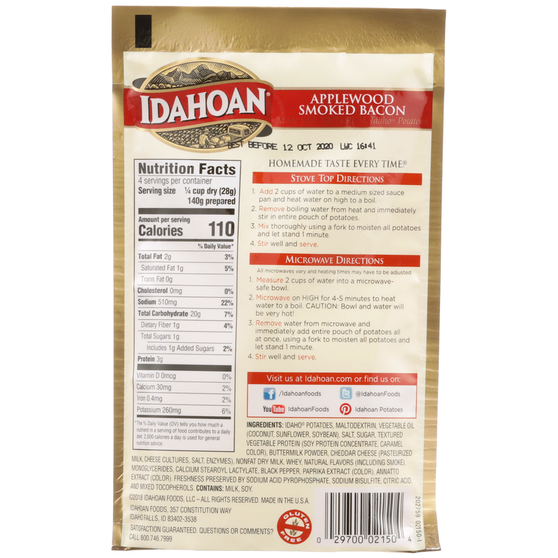 Idahoan Foods Mashed Potatoes Applewood Smoked Bacon Pouch 4 Ounce Size - 12 Per Case.