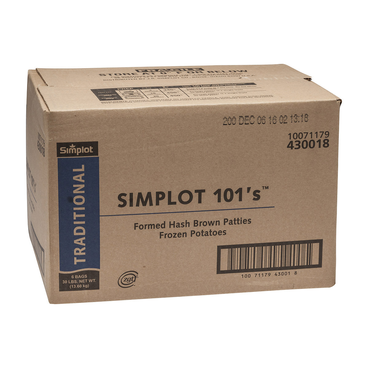 Simplot Traditional Hash Brown Patties 5 Pound Each - 6 Per Case.