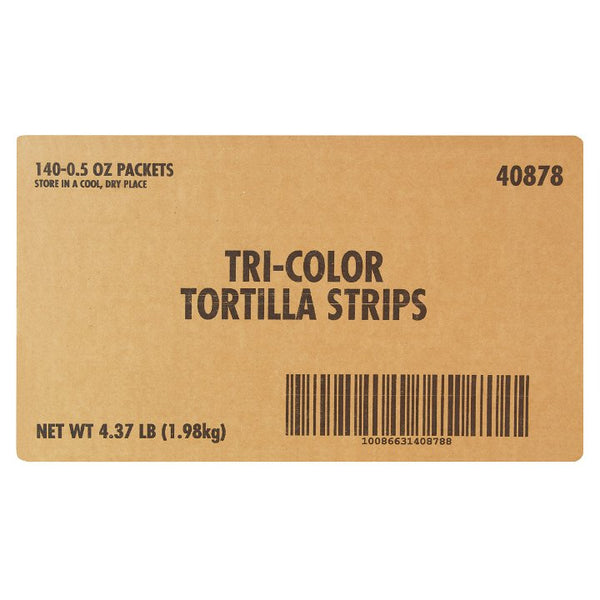 Fresh Gourmet Tri-Color Tortilla Strips 0.5 Ounce Size - 140 Per Case.