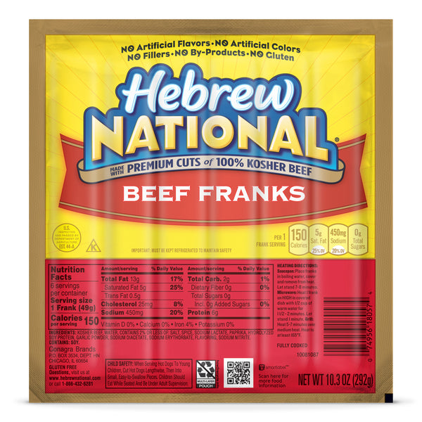 Hebrew National Original Beef Franks 10.3 Ounce Size - 12 Per Case.