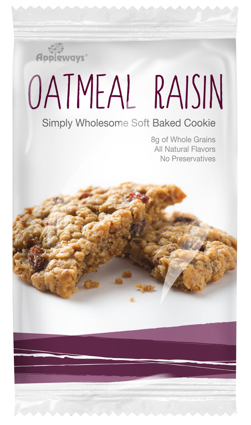 Appleways Whole Grain Oatmeal Raisin Cookies Individually Wrapped 1 Count Packs - 160 Per Case.