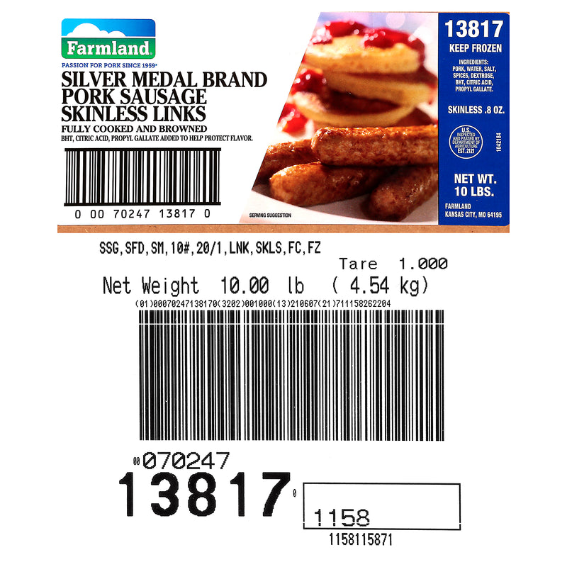 Sausage Link Skinless Fully Cooked Silver Medal 10 Pound Each - 1 Per Case.