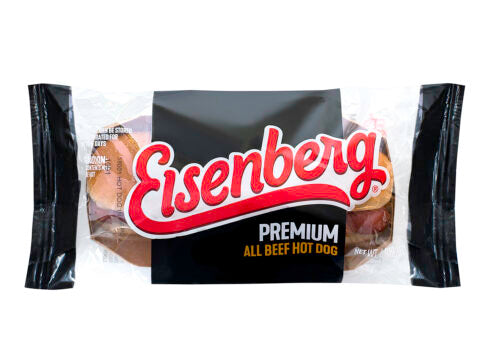 Eisenberg Individually Wrapped Gourmet Beef Frank in a Whole Wheat Bun, 4 Ounce Size - 72 Per Case.